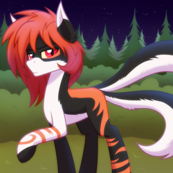 Size: 2048x2048 | Tagged: safe, artist:whitequartztheartist, derpibooru import, oc, oc:moeru tamashi, earth pony, fox, fox pony, hybrid, pony, body markings, forest, red eyes, solo, two tails