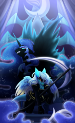 Size: 2749x4500 | Tagged: safe, alternate version, artist:inspiredpixels, derpibooru import, nightmare moon, anthro, hybrid, pony, clothes, high res, scythe