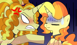 Size: 2148x1269 | Tagged: source needed, safe, artist:maiii-san, derpibooru import, adagio dazzle, oc, pony, unicorn, angry, blushing, equestria girls ponified, eyes closed, female, gritted teeth, horn, mare, parent:adagio dazzle, ponified, raised hoof, raised leg, sweat, sweatdrop, unicorn oc, white eyes