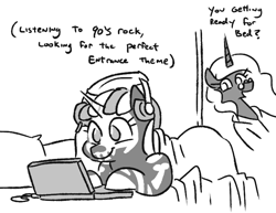 Size: 702x543 | Tagged: safe, artist:jargon scott, derpibooru import, oc, oc:nyx, oc:nyxzala, alicorn, hybrid, pony, unicorn, zony, black and white, computer, duo, female, grayscale, headphones, laptop computer, lying down, magical lesbian spawn, monochrome, mother and child, mother and daughter, offspring, older, older nyx, parent and child, parent:oc:nyx, parent:oc:zala, parents:oc x oc, prone