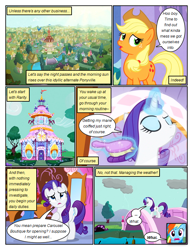 Size: 612x792 | Tagged: safe, artist:newbiespud, derpibooru import, edit, edited screencap, screencap, applejack, rainbow dash, rarity, earth pony, pegasus, pony, unicorn, comic:friendship is dragons, magical mystery cure, bridge, brush, building, cloud, comic, d:, dialogue, eyelashes, eyes closed, female, glowing horn, hat, horn, magic, magic aura, mare, open mouth, outdoors, raised hoof, raised leg, screencap comic, swapped cutie marks, telekinesis