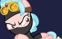 Size: 1124x714 | Tagged: safe, artist:jadethepegasus, artist:littlecloudie, derpibooru import, cozy glow, pegasus, pony, alternate hairstyle, balaclava, base used, blue background, clothes, female, goggles, mare, mask, older, older cozy glow, raised hoof, raised leg, secret agent, simple background, solo, spy, sweater