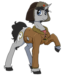 Size: 5643x6653 | Tagged: safe, artist:paskanaakka, oc, oc:ragtime melody, pony, unicorn, ponybooru collab 2021, alcohol, blue eyes, flask, medal, simple background, solo, transparent background, unshorn fetlocks, ushanka