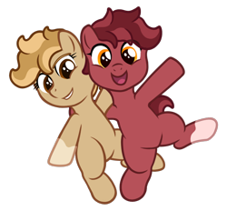 Size: 700x650 | Tagged: safe, artist:deserter, oc, oc only, oc:peanut toffy, oc:raspberry toffy, earth pony, pony, ponybooru collab 2021, blank flank, cheek squish, coat markings, duo, female, filly, fraternal twins, leaning back, looking at you, open mouth, open smile, ponytail, short hair, short tail, siblings, simple background, sisters, smiling, smiling at you, socks (coat marking), thick eyelashes, tomboy, transparent background, twin sisters, twins, waving