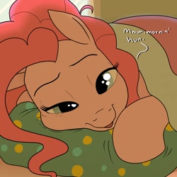 Size: 1200x1200 | Tagged: safe, artist:pony quarantine, pinkie pie, earth pony, pony, blanket, dialogue, female, lidded eyes, looking at you, mare, morning ponies, open mouth, pillow, ponk, pov, smiling, solo, talking to viewer