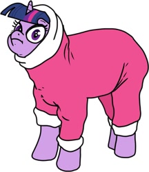 Size: 1039x1200 | Tagged: safe, artist:pony quarantine, twilight sparkle, unicorn twilight, pony, unicorn, :t, clothes, context in description, featured image, female, looking at you, mare, meme, ponified, ponified animal photo, ponified meme, silly, silly pony, simple background, snowsuit, solo, sweater, twilight is not amused, white background