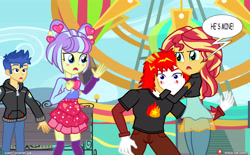 Size: 5000x3090 | Tagged: safe, artist:dieart77, flash sentry, sunset shimmer, supernova zap, oc, oc:eternal flames, oc:pennywise, human, equestria girls, equestria girls series, friendship games, sunset's backstage pass!, spoiler:eqg series (season 2), angry, bench, black shirt, blue eyes, blue hair, blushing, canon x oc, circus, clothes, cloud, clown, commission, cute, deviantart logo, dialogue, eye, eyes, female, ferris wheel, fighting over boy, graveyard of comments, hair, heart, hug, jacket, jealous, lidded eyes, link in description, looking at each other, love, male, muscles, nervous, pants, patreon, patreon logo, red hair, romance, romantic, scene, shipping, skirt, sky, speech bubble, stars, su-z, sunseternal, sweater, white skin, worried, zettai ryouiki, zipper