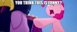 Size: 1194x499 | Tagged: safe, derpibooru import, edit, edited screencap, screencap, pinkie pie, twilight sparkle, twilight sparkle (alicorn), alicorn, my little pony: the movie, angry, caption, ears, floppy ears, image macro, imgflip, meme, pointing, spongebob squarepants, text, the algae's always greener