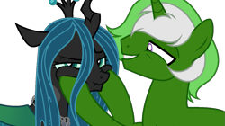 Size: 1237x692 | Tagged: safe, artist:arshe12, derpibooru import, queen chrysalis, oc, oc:chain whip, changeling, pony, unicorn, canon x oc, cheek squish, crown, female, jewelry, male, mare, regalia, simple background, squishy cheeks, stallion, straight, transparent background