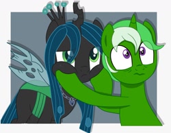 Size: 1280x995 | Tagged: safe, artist:chip16, derpibooru import, queen chrysalis, oc, oc:chain whip, changeling, pony, unicorn, canon x oc, crown, female, jewelry, male, mare, regalia, stallion, straight