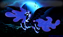 Size: 2048x1208 | Tagged: safe, artist:flutterdash75, derpibooru import, nightmare moon, alicorn, bat, pony, female, flying, moon