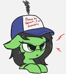 Size: 1735x1925 | Tagged: safe, artist:t72b, derpibooru import, oc, oc only, oc:anon filly, earth pony, pony, angry, autism, bust, cute, ears, female, filly, floppy ears, frown, glare, hat, madorable, pun, simple background, solo, white background