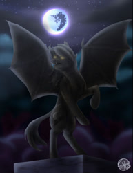 Size: 600x777 | Tagged: safe, artist:subduedmoon, derpibooru import, oc, oc:nightwind, bat pony, pony, bat pony oc, full moon, lyrics in the description, mare in the moon, moon, open mouth, petrification, solo, spread wings, stars, statue, wings