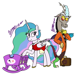 Size: 1280x1274 | Tagged: safe, artist:pixelemelee, derpibooru import, discord, princess celestia, alicorn, draconequus, pony, apron, briefcase, clothes, crib, dislestia, dress, female, implied screwball, looking at each other, male, mare, shipping, simple background, smiling, smiling at each other, straight, suit, transparent background