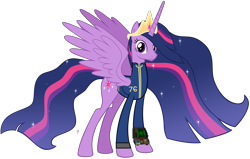 Size: 14622x9290 | Tagged: safe, artist:andoanimalia, artist:ponygamer2020, derpibooru import, princess twilight 2.0, twilight sparkle, twilight sparkle (alicorn), alicorn, pony, fallout equestria, the last problem, absurd resolution, clothes, crown, ethereal mane, fallout, fallout 76, female, horn, jewelry, jumpsuit, long horn, looking at you, mare, older, older twilight, older twilight sparkle (alicorn), pip-boy 2000 mark vi, pipboy, regalia, simple background, smiling, smiling at you, solo, sparkles, transparent background, vault suit, vector