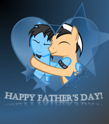 Size: 662x756 | Tagged: safe, artist:strategypony, derpibooru import, oc, oc:gary, oc:lancer, earth pony, pony, cute, father and child, father and son, father's day, heart, hug, male, parent and child, stars, text, watch, wristwatch