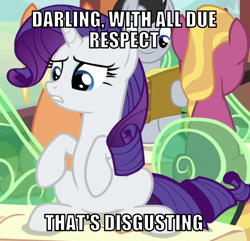 Size: 622x600 | Tagged: safe, derpibooru import, edit, edited screencap, editor:twi clown, screencap, rarity, pony, unicorn, season 9, the last problem, spoiler:s09, caption, cropped, disgusted, female, image macro, mare, sitting, text, train