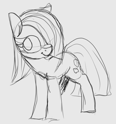 Size: 782x832 | Tagged: safe, artist:lockheart, derpibooru import, marble pie, earth pony, pony, cute, female, gray background, hair over one eye, marblebetes, mare, monochrome, simple background, sketch, solo