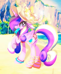 Size: 1156x1400 | Tagged: safe, artist:stacy_165cut, derpibooru import, princess cadance, alicorn, pony, beach, clothes, food, hat, ice cream, ocean, popsicle, raised hoof, raised leg, solo, suggestive eating, summer hat, swimsuit, water