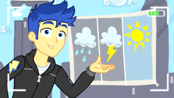 Size: 1280x720 | Tagged: safe, derpibooru import, screencap, flash sentry, best trends forever, better together, equestria girls, camera shot, clothes, cloud, jacket, lightning, looking at you, male, rain, solo, sun