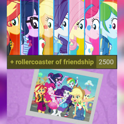 Size: 1920x1920 | Tagged: safe, derpibooru import, edit, edited screencap, editor:itsmgh1203, screencap, applejack, fluttershy, pinkie pie, rainbow dash, rarity, sci-twi, sunset shimmer, twilight sparkle, better together, equestria girls, rollercoaster of friendship, ^^, applejack's hat, belt, bowtie, bracelet, clothes, cowboy hat, cute, cutie mark, cutie mark on clothes, dashabetes, denim skirt, derpibooru, diapinkes, equestria land, eyes closed, female, geode of empathy, geode of fauna, geode of shielding, geode of sugar bombs, geode of super speed, geode of super strength, geode of telekinesis, glasses, hairpin, hat, hoodie, humane five, humane seven, humane six, jackabetes, jacket, jewelry, jumping, leather, leather jacket, magical geodes, meta, necklace, open mouth, photo booth (song), ponytail, raribetes, rarity peplum dress, selfie, shimmerbetes, shoes, shyabetes, side view, skirt, smiling, sneakers, tags, tanktop, transformation, twiabetes