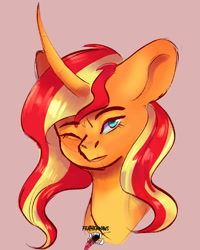 Size: 1420x1774 | Tagged: safe, artist:chicken-art-s, derpibooru import, sunset shimmer, pony, unicorn, bust, curved horn, female, horn, mare, one eye closed, pink background, portrait, signature, simple background, solo