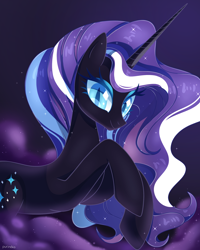 Size: 2000x2500 | Tagged: safe, artist:beanbunn, derpibooru import, nightmare rarity, pony, unicorn, female, looking at you, lying down, mare, prone, slit eyes, solo, speedpaint available