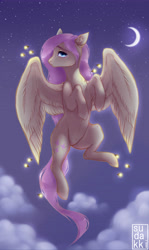 Size: 4440x7425 | Tagged: safe, artist:dikkaa, derpibooru import, fluttershy, firefly (insect), insect, pegasus, pony, absurd resolution, crescent moon, cute, female, flying, mare, moon, night, night sky, shyabetes, sky, solo