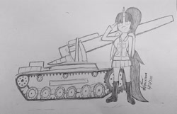 Size: 4032x2594 | Tagged: safe, artist:steelepone, derpibooru import, oc, oc:spring beauty, alicorn, anthro, clothes, fanart, girls und panzer, salute, sketch, solo, tank (vehicle), traditional art, uniform