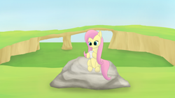 Size: 3840x2160 | Tagged: safe, artist:astralr, derpibooru import, fluttershy, pegasus, pony, cup, cute, daaaaaaaaaaaw, female, grass, mare, outdoors, rock, shyabetes, sitting, sky, solo