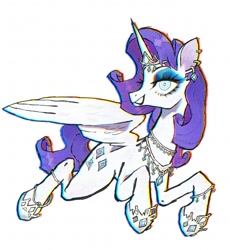 Size: 1154x1252 | Tagged: safe, artist:_night_milk_, derpibooru import, rarity, alicorn, pony, alicornified, ear piercing, earring, flying, jewelry, piercing, race swap, raricorn, smiling, solo, spread wings, wings