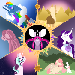 Size: 1500x1500 | Tagged: safe, artist:xaneyraccoon, derpibooru import, angel bunny, applejack, fluttershy, pinkie pie, rainbow dash, rarity, starlight glimmer, twilight sparkle, twilight sparkle (alicorn), alicorn, earth pony, pegasus, pony, unicorn, female, mane six, mare, pinkamena diane pie