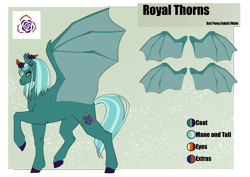 Size: 4961x3508 | Tagged: safe, artist:oneiria-fylakas, derpibooru import, oc, oc:royal thorns, bat pony, pony, male, reference sheet, solo, stallion