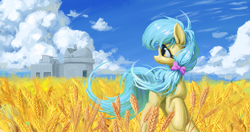 Size: 4096x2160 | Tagged: safe, artist:tinybenz, derpibooru import, oc, oc only, oc:lrivulet, oc:zoran, oc:左岸, pony, cloud, food, observatory, solo, wheat, wheat field