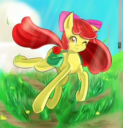 Size: 2250x2350 | Tagged: safe, artist:uguisunokoe1919, derpibooru import, apple bloom, earth pony, pony, bag, female, filly, looking at you, one eye closed, saddle bag, smiling, solo, wink, winking at you