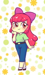 Size: 614x1024 | Tagged: safe, artist:umameuma, derpibooru import, apple bloom, equestria girls, adorabloom, belt, blushing, bow, clothes, cute, female, hair bow, jeans, looking at you, pants, shirt, smiling, solo, t-shirt, weapons-grade cute