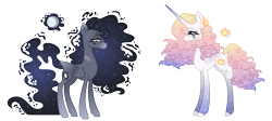 Size: 3445x1541 | Tagged: safe, artist:xxcheerupxxx, derpibooru import, princess celestia, princess luna, pegasus, unicorn, alternate design, amputee, race swap, simple background, transparent background