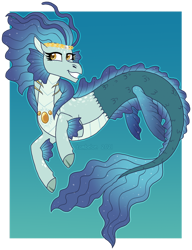 Size: 900x1170 | Tagged: safe, artist:tambelon, derpibooru import, oc, oc only, siren, blue background, dorsal fin, eyelashes, female, fins, fish tail, flowing mane, flowing tail, gem, golden eyes, not sonata dusk, pearl, simple background, smiling, solo, tail