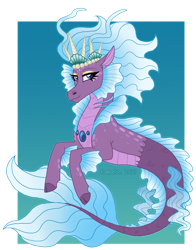 Size: 900x1147 | Tagged: safe, artist:tambelon, derpibooru import, oc, oc only, siren, blue background, blue eyes, blue mane, crown, dorsal fin, eyelashes, female, fins, fish tail, flowing mane, flowing tail, gem, jewelry, regalia, seashell, simple background, smiling, solo, tail