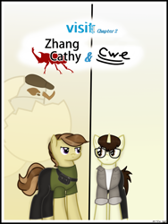 Size: 1750x2333 | Tagged: safe, artist:99999999000, derpibooru import, oc, oc only, oc:cwe, oc:zhang cathy, beetle, earth pony, insect, pony, rhinoceros beetle, unicorn, comic:visit, clothes, comic, glasses