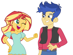 Size: 2002x1519 | Tagged: safe, artist:gmaplay, derpibooru import, flash sentry, sunset shimmer, equestria girls, female, flashimmer, grin, looking at each other, male, one eye closed, open mouth, open smile, shipping, smiling, solo, straight, wink