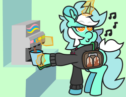 Size: 2331x1797 | Tagged: safe, artist:threetwotwo32232, derpibooru import, lyra heartstrings, pony, unicorn, clothes, female, hoodie, l.u.l.s., magic, magic aura, mare, soda, solo, stealing, whistling, x-ray