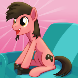 Size: 2048x2048 | Tagged: safe, artist:whitequartztheartist, derpibooru import, oc, oc:ace play, earth pony, pony, controller, facial hair, goatee, male, playing, sitting, sofa, solo, stallion, video game