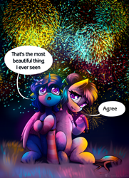 Size: 2224x3070 | Tagged: safe, artist:cornelia_nelson, derpibooru import, oc, oc:delly, oc:graceful motion, collar, fireworks, text