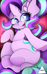 Size: 2894x4592 | Tagged: safe, artist:ahekao, derpibooru import, starlight glimmer, pony, unicorn, cute, ear fluff, ears, female, floppy ears, glimmerbetes, hooves, looking at you, lying down, mare, on back, open mouth, open smile, smiling, solo, underhoof