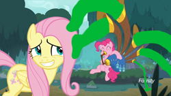 Size: 800x450 | Tagged: safe, derpibooru import, edit, edited screencap, screencap, fluttershy, pinkie pie, yakity-sax, 1000 hours in ms paint, discovery family logo, duo, puffy cheeks, snot, snot edit, yovidaphone
