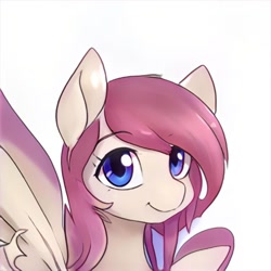 Size: 1024x1024 | Tagged: safe, artist:thisponydoesnotexist, derpibooru import, oc, oc:cherry breeze, pegasus, pony, gray background, looking at you, neural network, open mouth, simple background