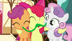 Size: 800x450 | Tagged: safe, derpibooru import, edit, edited screencap, screencap, apple bloom, scootaloo, sweetie belle, earth pony, pegasus, pony, unicorn, the last crusade, 1000 hours in ms paint, apple bloom's bow, bow, cutie mark crusaders, eyes closed, female, hair bow, hug, open mouth, runny nose, snot, snot edit, trio, trio female