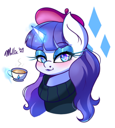 Size: 900x1000 | Tagged: safe, artist:melliedraws, derpibooru import, rarity, pony, unicorn, sweet and elite, beanie, beatnik rarity, beret, clothes, coffee, coffee cup, cup, eyeshadow, food, glowing horn, hat, horn, lipstick, magic, makeup, sweater, tea, teacup, telekinesis