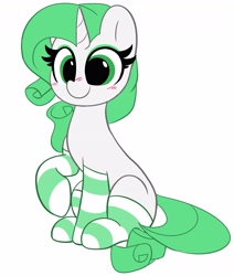 Size: 3479x4096 | Tagged: safe, artist:kittyrosie, derpibooru import, oc, oc only, unicorn, blushing, clothes, cute, female, green eyes, green mane, horn, mare, not rarity, ocbetes, socks, striped socks, unicorn oc, ych result